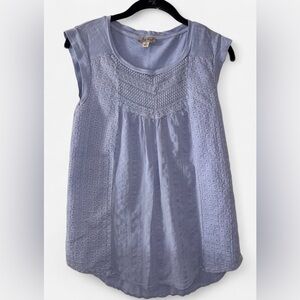 LUCKY BRAND Scoop Neck Blue Eyelet Lace Crêpe Peasant Blouse